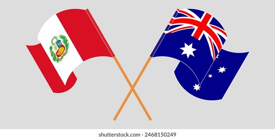 Crossed and waving flags of Peru and Australia. Vector illustration
