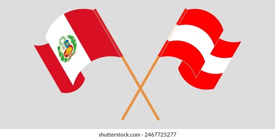 Crossed and waving flags of Peru and Austria. Vector illustration
