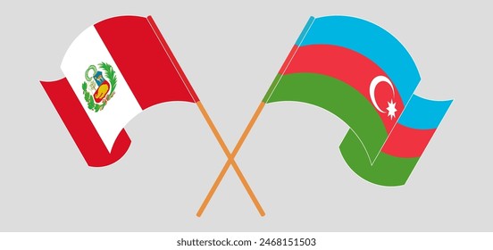Überkreuzte und schwenkende Fahnen von Peru und Aserbaidschan. Vektorillustration
