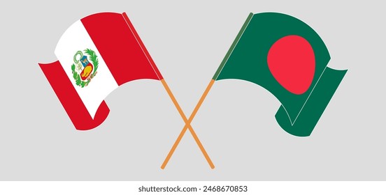 Crossed and waving flags of Peru and Bangladesh. Vector illustration
