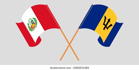 Crossed and waving flags of Peru and Barbados. Vector illustration
