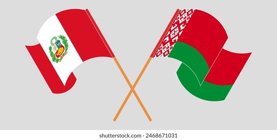 Crossed and waving flags of Peru and Belarus. Vector illustration

