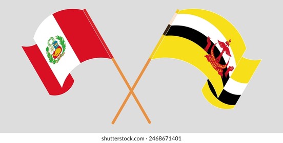 Crossed and waving flags of Peru and Brunei. Vector illustration
