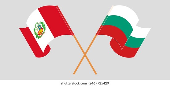 Crossed and waving flags of Peru and Bulgaria. Vector illustration
