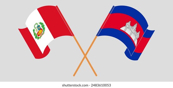 Crossed and waving flags of Peru and Cambodia. Vector illustration
