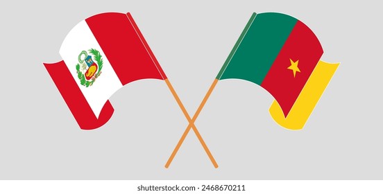 Crossed and waving flags of Peru and Cameroon. Vector illustration
