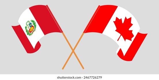 Crossed and waving flags of Peru and Canada. Vector illustration
