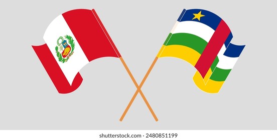 Crossed and waving flags of Peru and Central African Republic. Vector illustration
