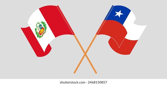 Crossed and waving flags of Peru and Chile. Vector illustration
