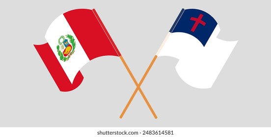 Crossed and waving flags of Peru and christianity. Vector illustration
