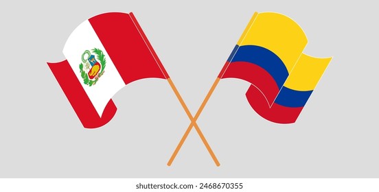 Crossed and waving flags of Peru and Colombia. Vector illustration
