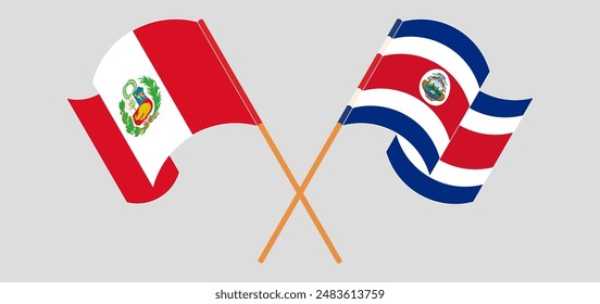 Crossed and waving flags of Peru and Costa Rica. Vector illustration
