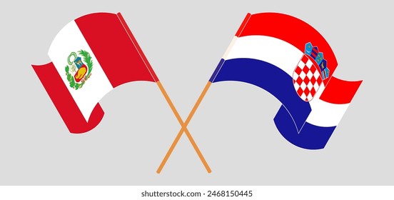 Crossed and waving flags of Peru and Croatia. Vector illustration
