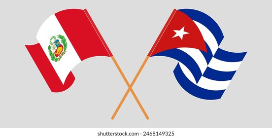 Crossed and waving flags of Peru and Cuba. Vector illustration
