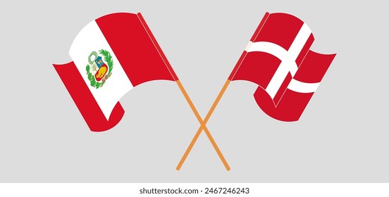 Crossed and waving flags of Peru and Denmark. Vector illustration
