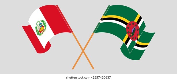 Crossed and waving flags of Peru and Dominica. Vector illustration.
