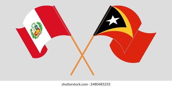 Crossed and waving flags of Peru and East Timor. Vector illustration
