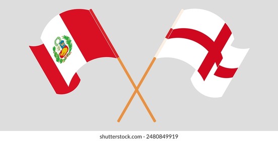 Crossed and waving flags of Peru and England. Vector illustration
