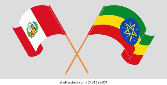 Crossed and waving flags of Peru and Ethiopia. Vector illustration
