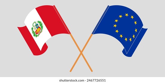 Crossed and waving flags of Peru and the European Union. Vector illustration
