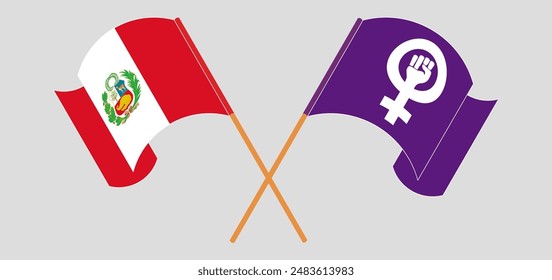 Crossed and waving flags of Peru and Feminism. Vector illustration
