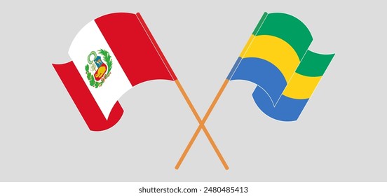 Crossed and waving flags of Peru and Gabon. Vector illustration

