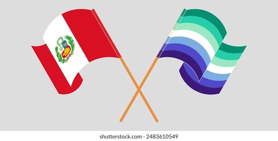 Crossed and waving flags of Peru and gay men pride. Vector illustration
