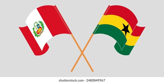 Crossed and waving flags of Peru and Ghana. Vector illustration
