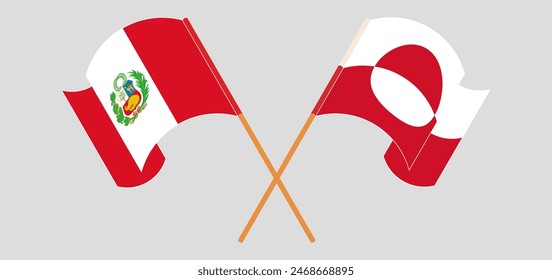 Crossed and waving flags of Peru and Greenland. Vector illustration
