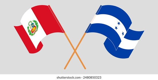 Crossed and waving flags of Peru and Honduras. Vector illustration
