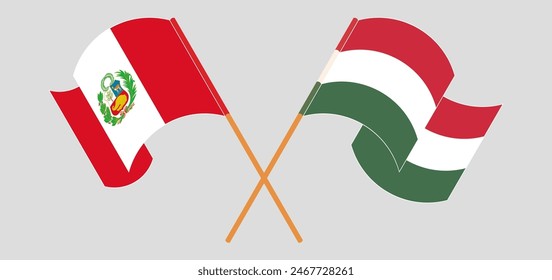 Crossed and waving flags of Peru and Hungary. Vector illustration
