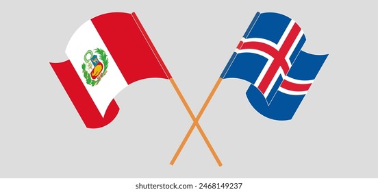 Crossed and waving flags of Peru and Iceland. Vector illustration
