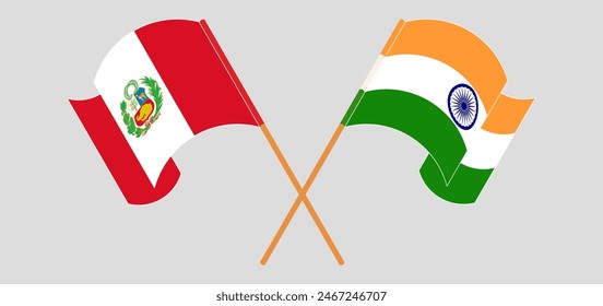 Crossed and waving flags of Peru and India. Vector illustration

