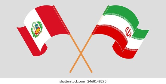 Crossed and waving flags of Peru and Iran. Vector illustration
