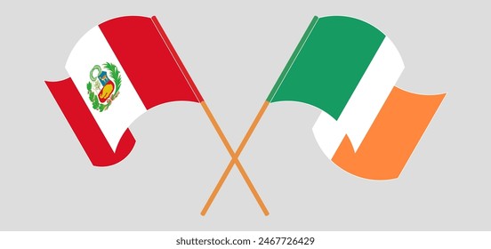 Crossed and waving flags of Peru and Ireland. Vector illustration
