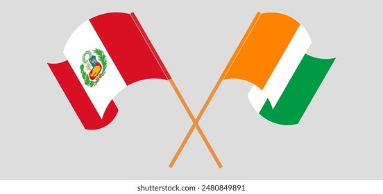 Crossed and waving flags of Peru and Ivory Coast. Vector illustration
