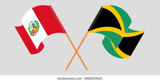 Crossed and waving flags of Peru and Jamaica. Vector illustration
