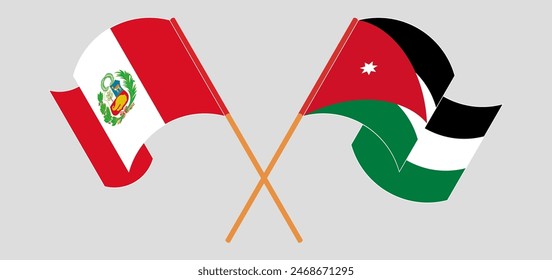 Crossed and waving flags of Peru and Jordan. Vector illustration
