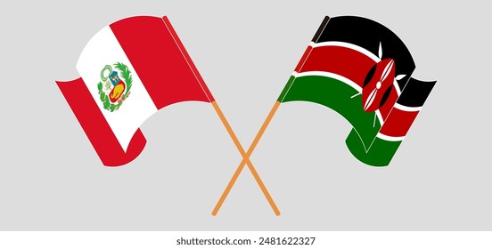 Crossed and waving flags of Peru and Kenya. Vector illustration
