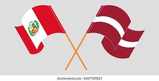 Crossed and waving flags of Peru and Latvia. Vector illustration
