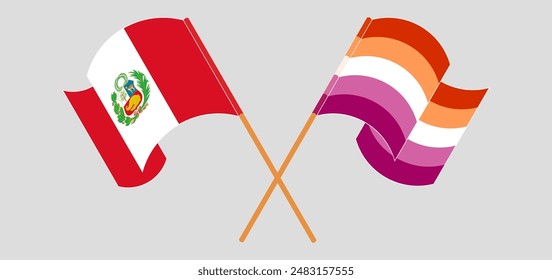 Crossed and waving flags of Peru and Lesbian Pride