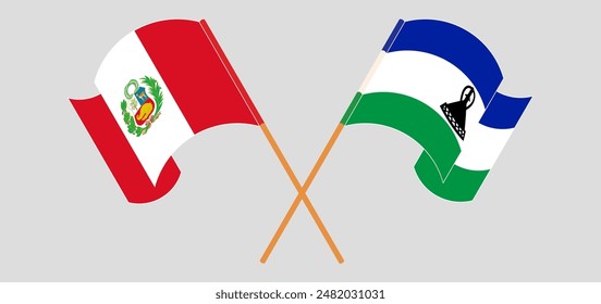 Crossed and waving flags of Peru and Lesotho. Vector illustration
