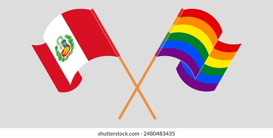 Crossed and waving flags of Peru and LGBTQ. Vector illustration
