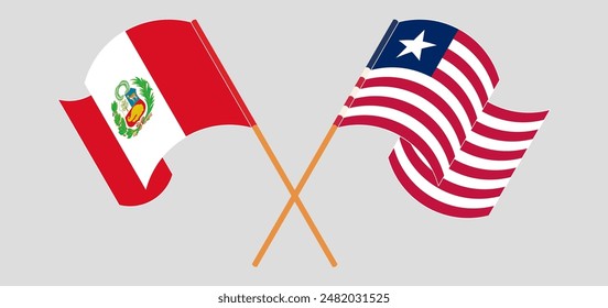 Crossed and waving flags of \Peru and Liberia. Vector illustration
