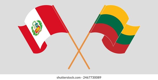 Crossed and waving flags of Peru and Lithuania. Vector illustration
