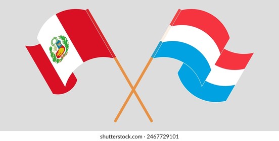 Crossed and waving flags of Peru and Luxembourg. Vector illustration
