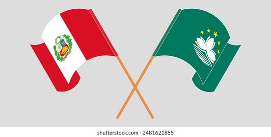 Crossed and waving flags of Peru and Macau. Vector illustration
