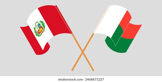 Crossed and waving flags of Peru and Madagascar. Vector illustration
