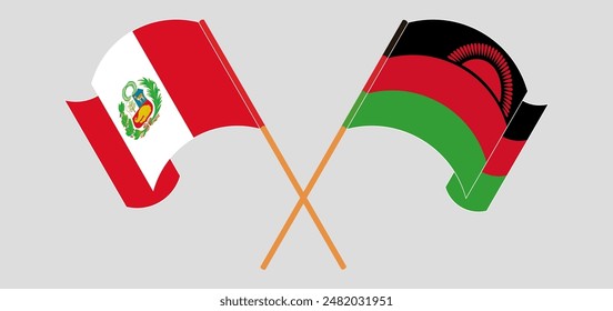 Crossed and waving flags of Peru and Malawi. Vector illustration
