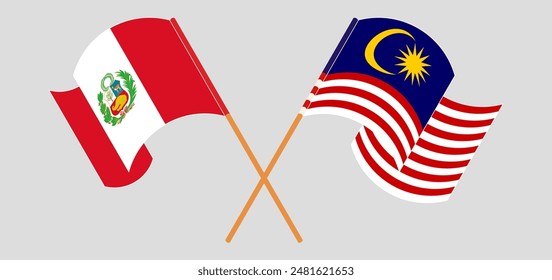 Crossed and waving flags of Peru and Malaysia. Vector illustration
